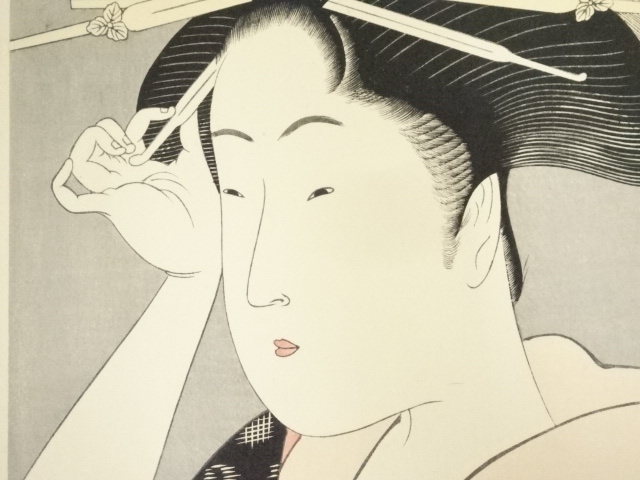 肉筆原画　水彩画美人画　和装　かんざし　手描きイラスト　26426A 喜多川歌麿 吾妻美人ゑらみ かんざしさす女 手摺浮世絵木版画